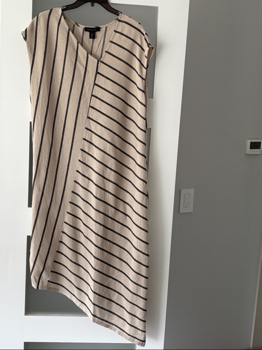 Tahari Beige and Black Striped Asymmetric Maxi dress